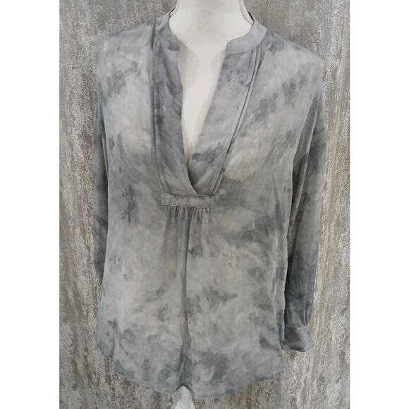 VINCE WATERCOLOR MARBLED SHIRRED 100%SILK BLOUSE TOP DARK‎ SMOKE GREY S - Picture 3 of 9